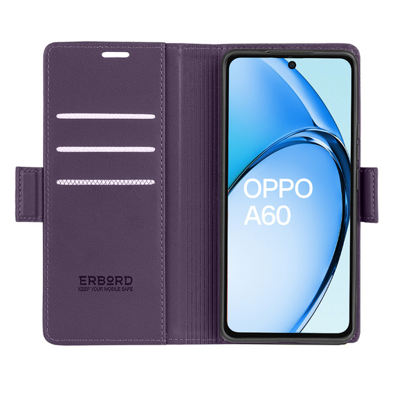 Case for Oppo A60, ERBORD Glossy Litchi, wallet with flap, purple