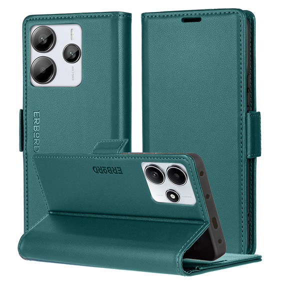 Case for Xiaomi Redmi Note 14 5G, ERBORD Glossy Litchi, wallet with flap, green
