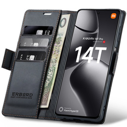 Case for Xiaomi 14T Pro, ERBORD Glossy Litchi, wallet with flap, black