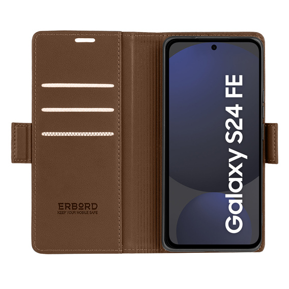 Case for Samsung Galaxy S24 FE, ERBORD Glossy Litchi, wallet with flap, brown