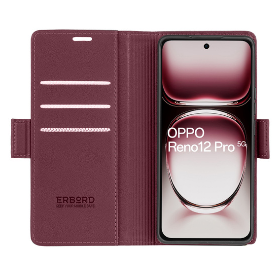 Case for Oppo Reno 12 Pro, ERBORD Glossy Litchi, wallet with flap, red