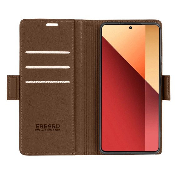 Etui do Xiaomi Redmi Note 13 Pro 4G / Xiaomi Redmi Note 14S / Xiaomi Poco M6 Pro 4G, ERBORD Glossy Litchi, portfel z klapką, brązowe