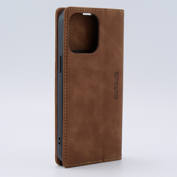 Case for iPhone 15 Pro, ERBORD Vintage, wallet with flap, brown