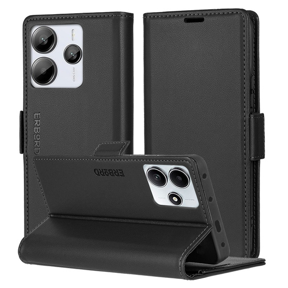 Case for Xiaomi Redmi Note 14 5G, ERBORD Glossy Litchi, wallet with flap, black