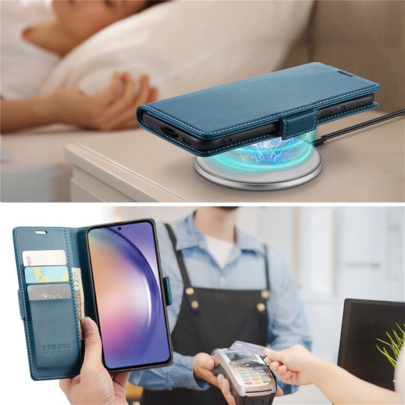 Case for Samsung Galaxy A55, ERBORD Glossy Litchi, wallet with flap, blue