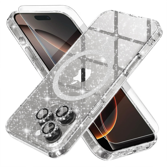 Case for iPhone 16 Pro, ERBORD Glitter MagSafe, transparent + Screen Glass