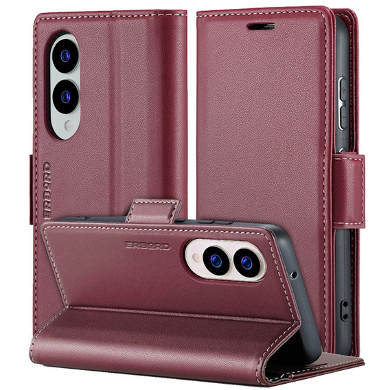Case for Samsung Galaxy S25 Edge, ERBORD Glossy Litchi, wallet with flap, red