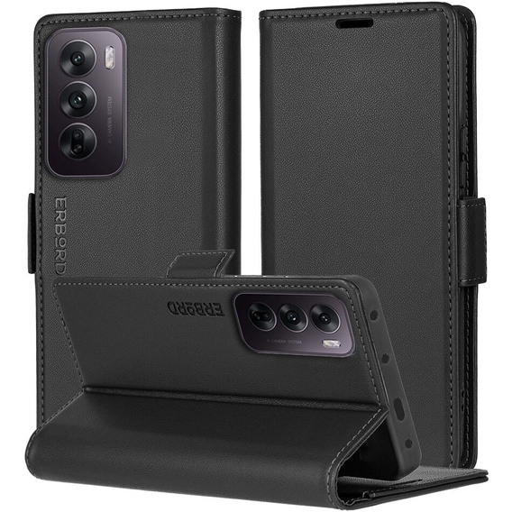 Case for Oppo Reno 12 Pro, ERBORD Glossy Litchi, wallet with flap, black