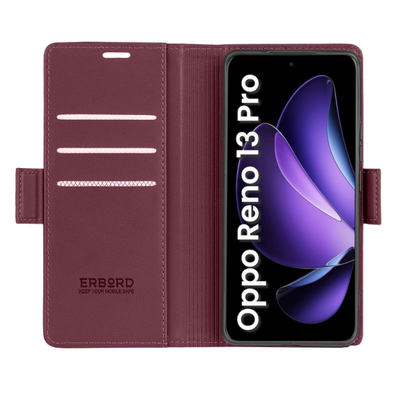 Case for Oppo Reno 13 Pro, ERBORD Glossy Litchi, wallet with flap, red