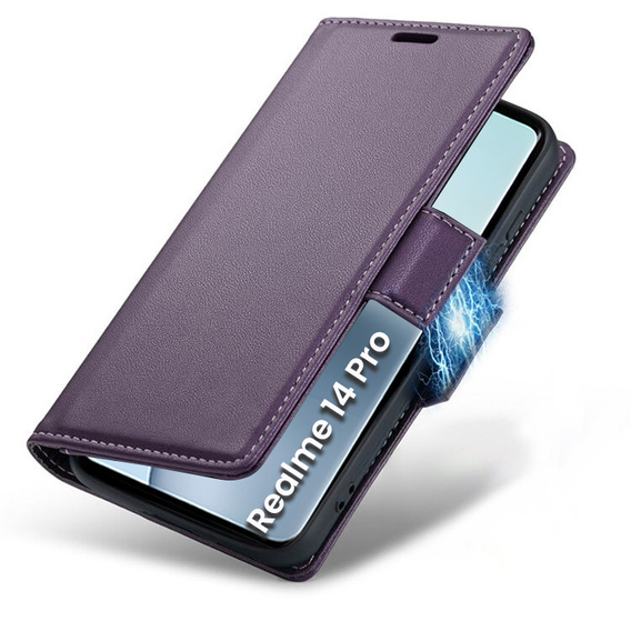 Case for Realme 14 Pro 5G, ERBORD Glossy Litchi, wallet with flap, purple