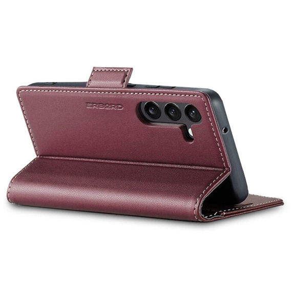 Case for Samsung Galaxy S24, ERBORD Glossy Litchi, wallet with flap, red