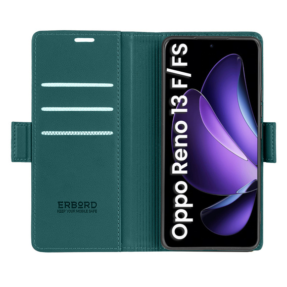 Case for Oppo Reno 13F / Oppo Reno 13FS, ERBORD Glossy Litchi, wallet with flap, green