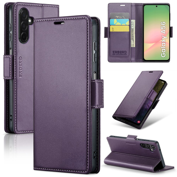 Case for Samsung Galaxy A56, ERBORD Glossy Litchi, wallet with flap, purple
