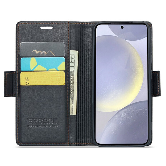 Case for Samsung Galaxy S24, ERBORD Glossy Litchi, wallet with flap, black