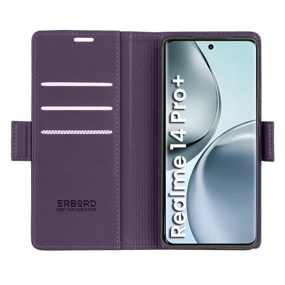 Case for Realme 14 Pro+ 5G, ERBORD Glossy Litchi, wallet with flap, purple