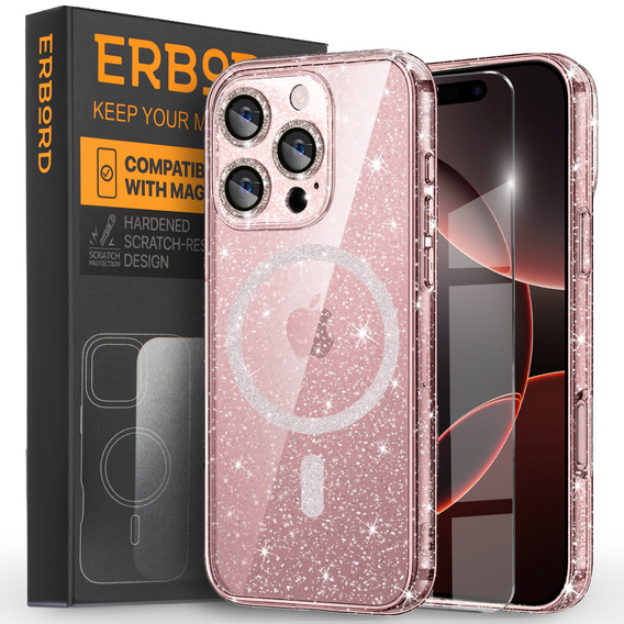 Case for iPhone 16 Pro Max, ERBORD Glitter MagSafe, pink + Screen Glass