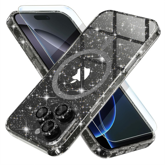 Case for iPhone 16 Pro Max, ERBORD Glitter MagSafe, black + Screen Glass