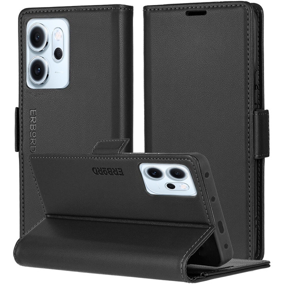 Case for Oppo Reno 14 F / 14 FS, ERBORD Glossy Litchi, wallet with flap, black