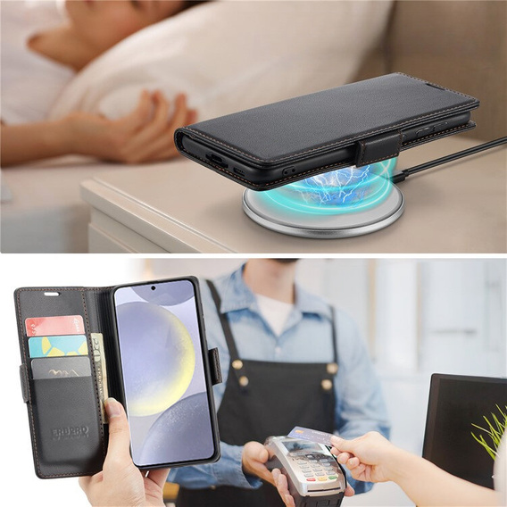 Case for Samsung Galaxy S24, ERBORD Glossy Litchi, wallet with flap, black