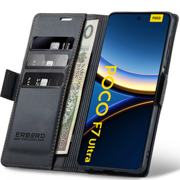 Case for Xiaomi Poco F7 Ultra, ERBORD Glossy Litchi, wallet with flap, black
