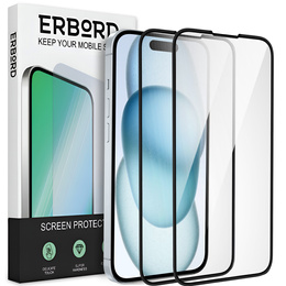 2x Szkło Hartowane do iPhone 15, ERBORD 3D pełne, szybka na cały ekran