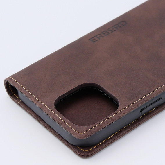 Etui do iPhone 15, ERBORD Vintage portfel z klapką, kawowe