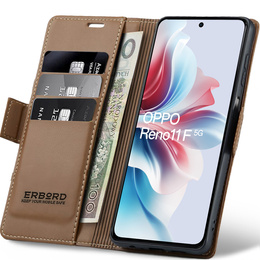 Case for Oppo Reno 11F, ERBORD Glossy Litchi, wallet with flap, brown