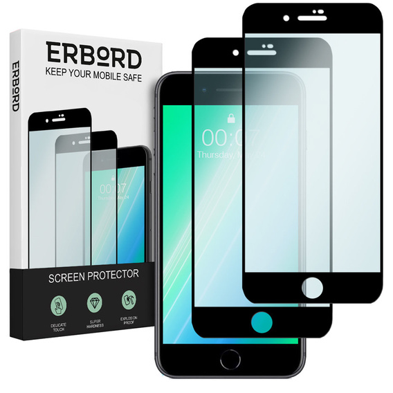 2x Szkło Hartowane do iPhone 7 Plus/8 Plus, ERBORD 3D pełne, szybka na cały ekran