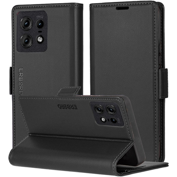 Case for Motorola Edge 50 Pro, ERBORD Glossy Litchi, wallet with flap, black