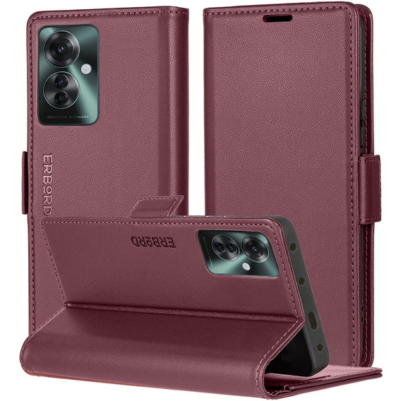 Case for Oppo Reno 11F, ERBORD Glossy Litchi, wallet with flap, red