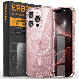 Etui do iPhone 16 Pro, ERBORD Glitter MagSafe, różowe + Szkło na ekran
