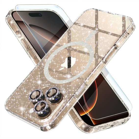 Etui do iPhone 16 Pro Max, ERBORD Glitter MagSafe, przezroczyste + Szkło na ekran