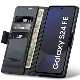 Case for Samsung Galaxy S24 FE, ERBORD Glossy Litchi, wallet with flap, black