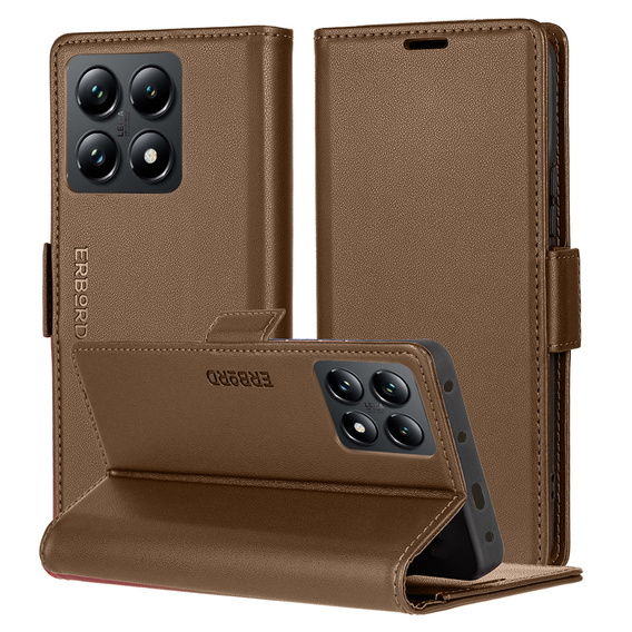 Case for Xiaomi 14T, ERBORD Glossy Litchi, wallet with flap, brown