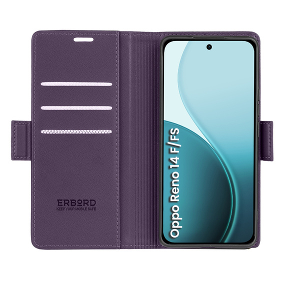 Case for Oppo Reno 14 F / 14 FS, ERBORD Glossy Litchi, wallet with flap, purple